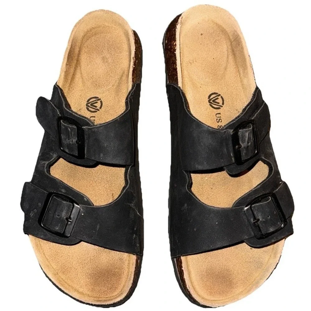 Cork Footbed Sandal Comfort  Boho Slip On Buckle Black Leather Women's 8.5